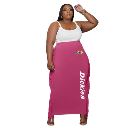 Rose Double-sided Brushed Plus Size Printed Long Skirt with Fringed