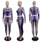 Autumn Purple 2021 Female Clothing Printed  High Waist Pants Sets