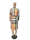 Autumn Woven Belted Printed Turn-down Neck Plaid Long Cloak