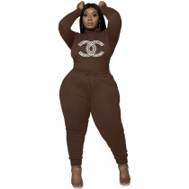 Clothes Manufacturing Women's Plus Size Casual Coffee Drawstring Hot Drilling High Neck Pant Sets