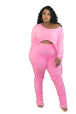 Ladies Pink Stacked Two Piece Set Drawstring Crop Top and Pleated Trousers