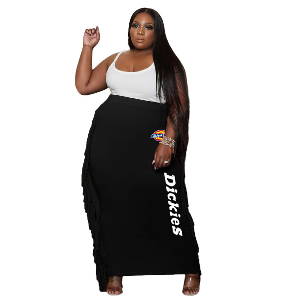 Black Double-sided Brushed Plus Size Printed Long Skirt with Fringed