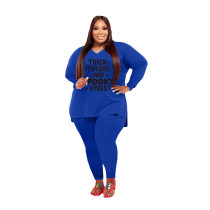 Plus Size Women Clothing Blue Halloween V Neck Split Print Letter Casual Two Piece Set