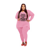 Plus Size Women Clothing Pink Halloween V Neck Split Print Letter Casual Two Piece Set