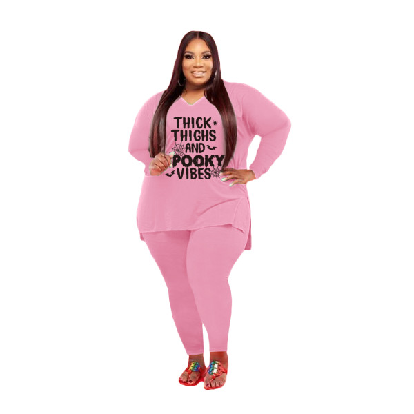 Plus Size Women Clothing Pink Halloween V Neck Split Print Letter Casual Two Piece Set