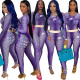 Autumn Purple 2021 Female Clothing Printed  High Waist Pants Sets