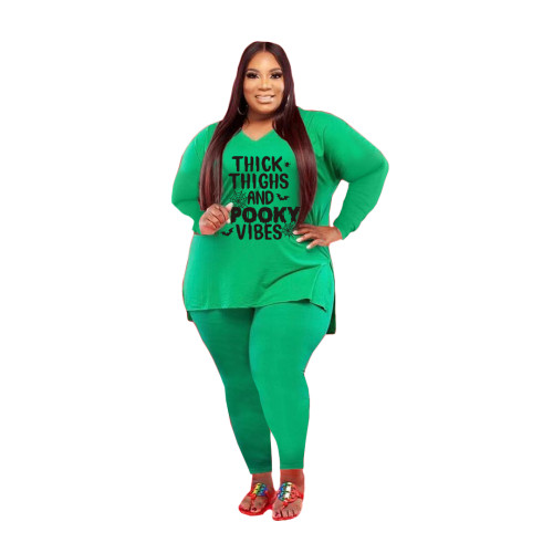 Plus Size Women Clothing Green Halloween V Neck Split Print Letter Casual Two Piece Set