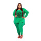 Plus Size Women Clothing Green Halloween V Neck Split Print Letter Casual Two Piece Set
