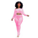 Ladies Pink Stacked Two Piece Set Drawstring Crop Top and Pleated Trousers