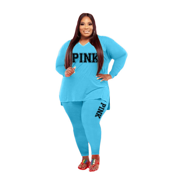 Fat Women Slit Fashion Light Blue V Neck Printed Two Piece Clothing Set