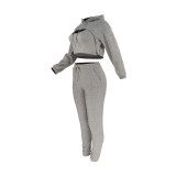 Light Gray Cotton Fleece Drawstring Jogging Tracksuit  Hollow Hoodie Blouse Pants Set and Vest