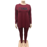 Fat lady's Plus Size Wine Red Casual Autumn Round Neck Split Printed Two Piece Women Set