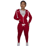 Autumn Winter Wine Red Cotton Two Piece Sweatpants and Hoodie Set for Women