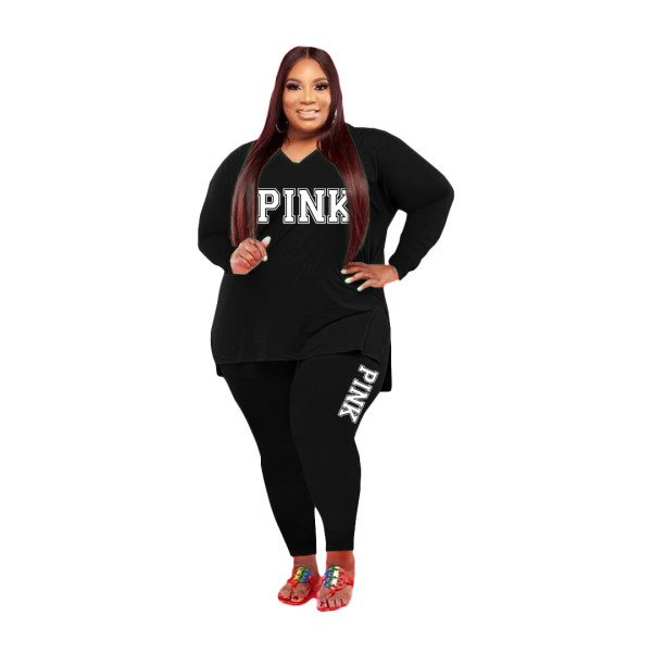Fat Women Slit Fashion Black V Neck Printed Two Piece Clothing Set