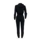 Autumn Winter Black Cotton Two Piece Sweatpants and Hoodie Set for Women