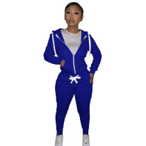 Autumn Winter Dark Blue Cotton Two Piece Sweatpants and Hoodie Set for Women