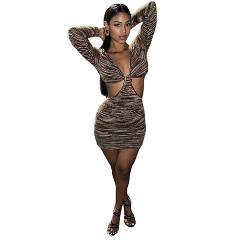 Fall Clubwear 2021 Long Sleeve Pit Deep V Neck Cut Out Sexy Bodycon Dress