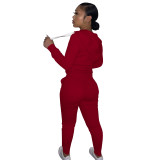 Autumn Winter Wine Red Cotton Two Piece Sweatpants and Hoodie Set for Women
