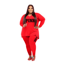 Fat Women Slit Fashion Red V Neck Printed Two Piece Clothing Set