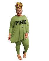 Fat lady's Plus Size Green Casual Autumn Round Neck Split Printed Two Piece Women Set