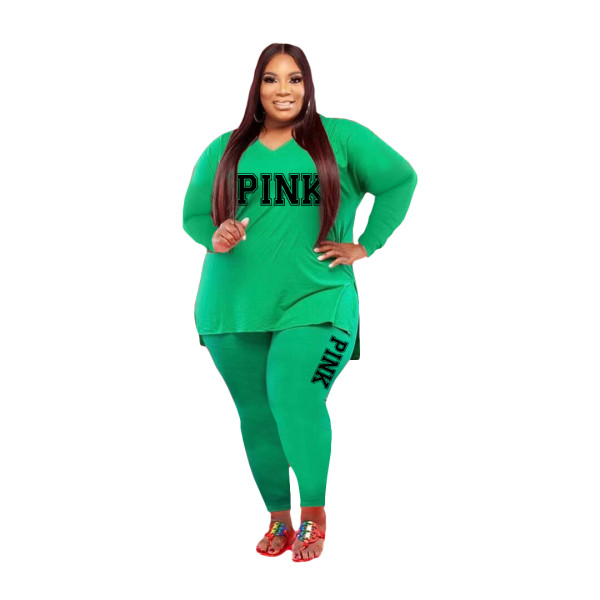 Fat Women Slit Fashion Green V Neck Printed Two Piece Clothing Set