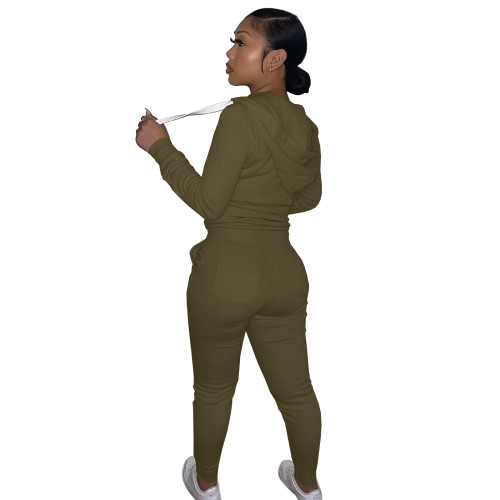 Autumn Winter Army Green Cotton Two Piece Sweatpants and Hoodie Set for Women