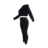 Black Cotton Fleece Drawstring Jogging Tracksuit  Hollow Hoodie Blouse Pants Set and Vest