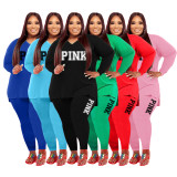 Fat Women Slit Fashion Pink V Neck Printed Two Piece Clothing Set