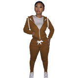 Autumn Winter Coffee Cotton Two Piece Sweatpants and Hoodie Set for Women