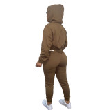Autumn Winter Thick Drawstring Jogger Two Piece Brown Sweatpants and Hoodie Set