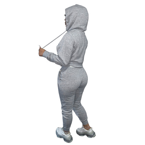Autumn Winter Thick Drawstring Jogger Two Piece Grey Sweatpants and Hoodie Set