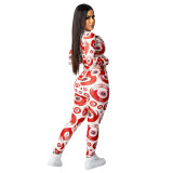 Red Hipster Evil Eye Print Long Sleeve Two Piece Outfits For Women