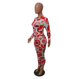 Red Hipster Evil Eye Print Long Sleeve Two Piece Outfits For Women