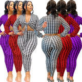 Casual Houndstooth Print Bandage Crop Top Pant Sets Women 2 Piece Outfits