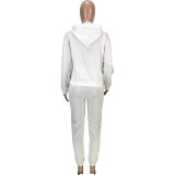 White Nike Clothing Pockets Offset Printing Drawstring Hooded Set Women