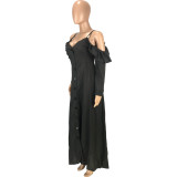 Casual Black Sweet Solid Joint Buckle Flounce Spaghetti Strap Maxi Dresses
