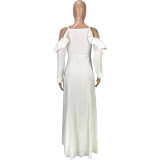 Casual White Sweet Solid Joint Buckle Flounce Spaghetti Strap Maxi Dresses