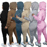Autumn Winter Thick Drawstring Jogger Two Piece Pink Sweatpants and Hoodie Set