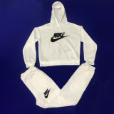 White Nike Clothing Pockets Offset Printing Drawstring Hooded Set Women