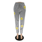 Casual Grey Smiley Print Long Sweatpants