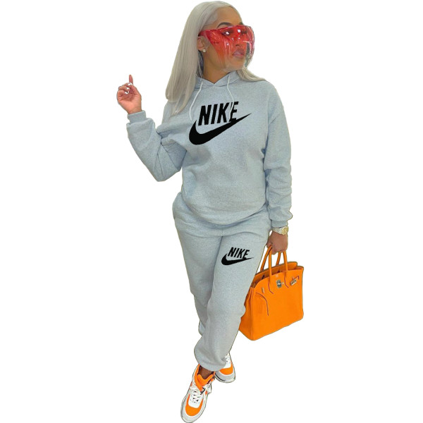 Grey Nike Clothing Pockets Offset Printing Drawstring Hooded Set Women