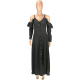 Casual Black Sweet Solid Joint Buckle Flounce Spaghetti Strap Maxi Dresses