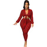 Casual Houndstooth Print Bandage Crop Top Pant Sets Women 2 Piece Outfits