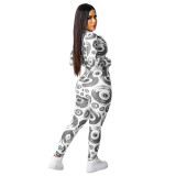 Grey Hipster Evil Eye Print Long Sleeve Two Piece Outfits For Women
