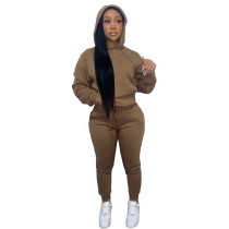 Autumn Winter Thick Drawstring Jogger Two Piece Brown Sweatpants and Hoodie Set