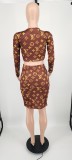 Casual Brown Designer Clothes Printed Letter V Neck Zipper Crop Top Midi Skirts Set