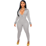 Grey Plaid Patchwork Zipper Up Long Sleeve Turn-down Neck Skinny Jumpsuit