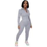 Solid Color Grey High Neck Zipper Up Sports Two Piece Fall Set