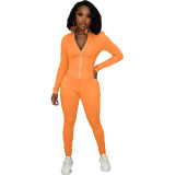 Solid Color Orange High Neck Zipper Up Sports Two Piece Fall Set
