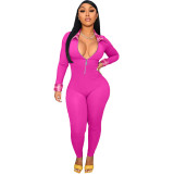 Pink Plaid Patchwork Zipper Up Long Sleeve Turn-down Neck Skinny Jumpsuit